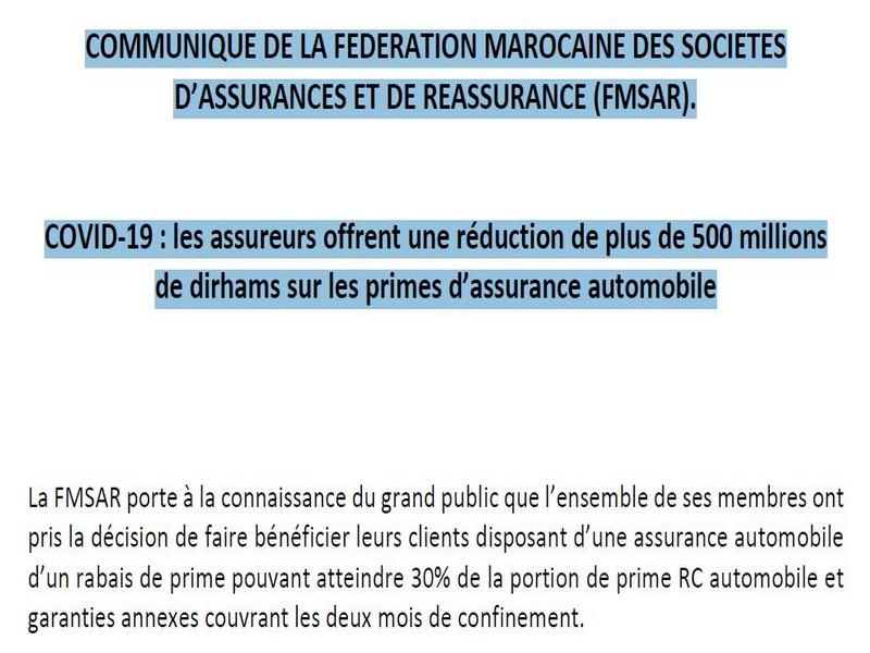 COMMUNIQUE DE LA FEDERATION MAROCAINE DES SOCIETES D’ASSURANCES ET DE REASSURANCE (FMSAR)